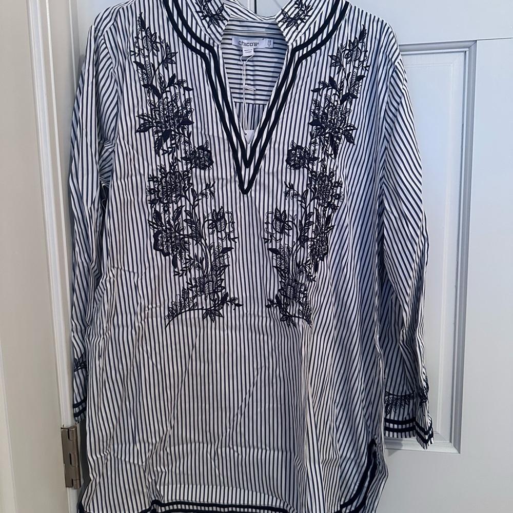 Chico's Navy and White Striped Blouse with Embroidery